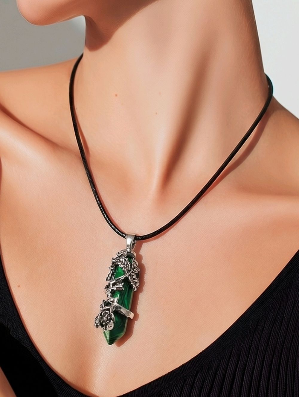 Malachite Crystal Necklace Green Banded Stone Point Floral Wrap Dark Feminine